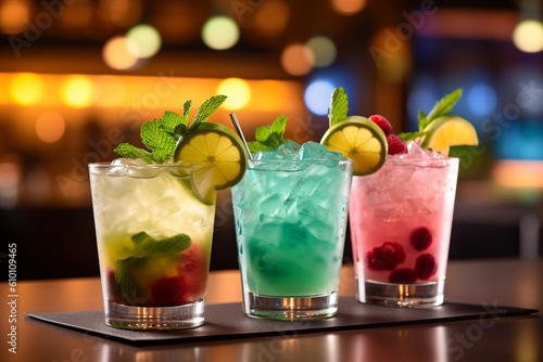 3 glasses with a coctail on the bar, different colors, alcoholic drinks. High quality photo Generative AI