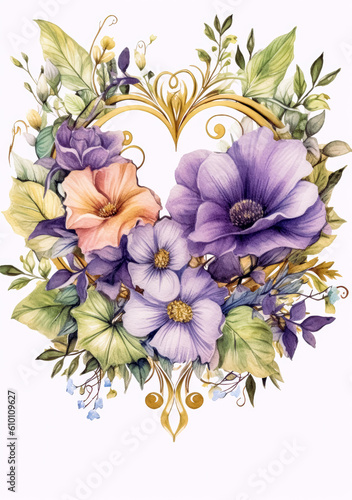 Wedding card with hearts surrounded by leaves and flowers  light violet and gold  feminine sticker art  organic abstracts  aquarellist  purple white   gold. Generative Ai.