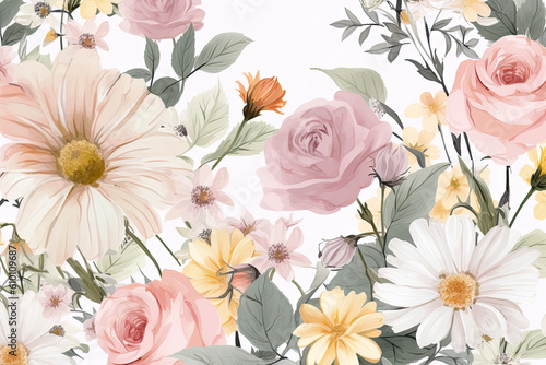 Soft and delicate pastel floral pattern with a mix of roses and daisies on a white background, generative ai