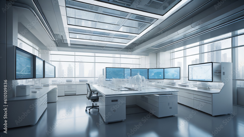 A futuristic technology laboratory with big floating screens, depicting a scene of a sleek and modern laboratory, generative ai A futuristic technology laboratory with big floating screens, depicting a scene of a sleek and modern laboratory, generative ai