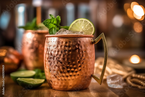 Moscow Mule cocktail on the wooden table, Generative AI