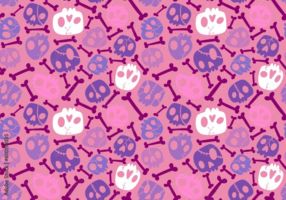 Fototapeta premium Halloween monsters seamless sculls with flower pattern for wrapping paper and fabrics and linens and fashion textiles