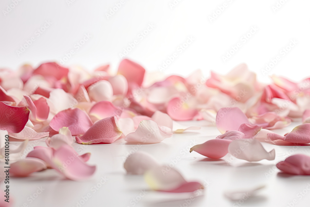 Soft pink rose petals falling gently on a white background, creating a serene and peaceful atmosphere, generative ai Soft pink rose petals falling gently on a white background, creating a serene and peaceful atmosphere, generative ai