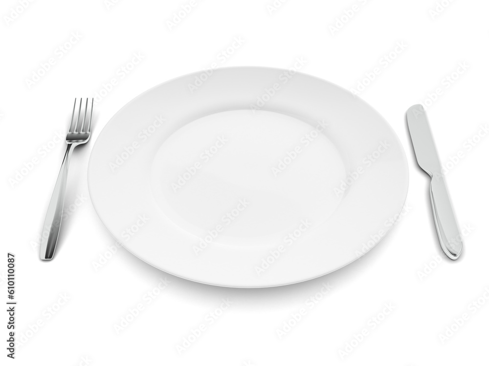 Knife, fork and plate isolated on white background. Empty dinner plate. Tableware. 3d illustration. Knife, fork and plate isolated on white background. Empty dinner plate. Tableware. 3d illustration.