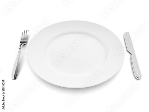 Knife, fork and plate isolated on white background. Empty dinner plate. Tableware. 3d illustration.