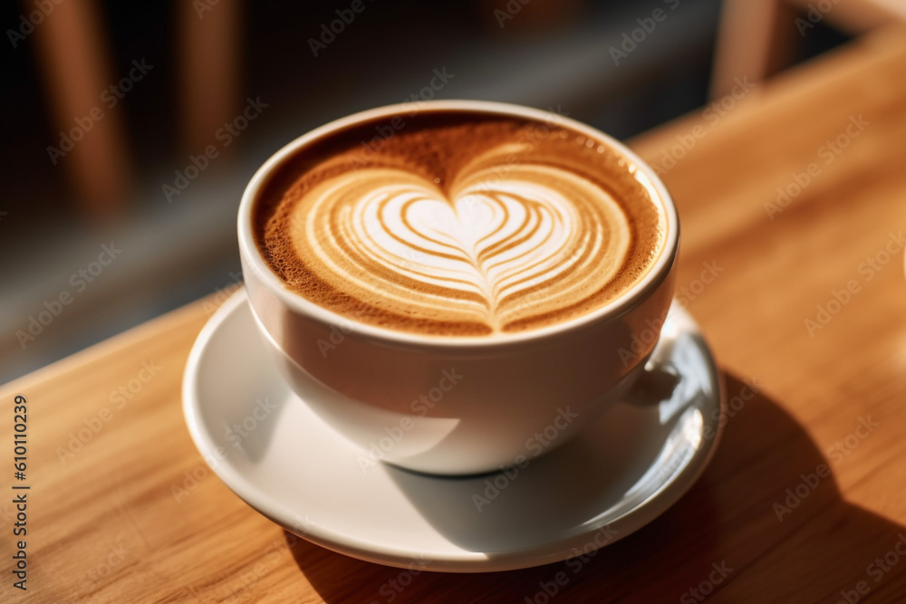 Cappuccino with heart decoration over foam. Valentine's day cup. Love concept. High quality photo Generative AI Cappuccino with heart decoration over foam. Valentine's day cup. Love concept. High quality photo Generative AI
