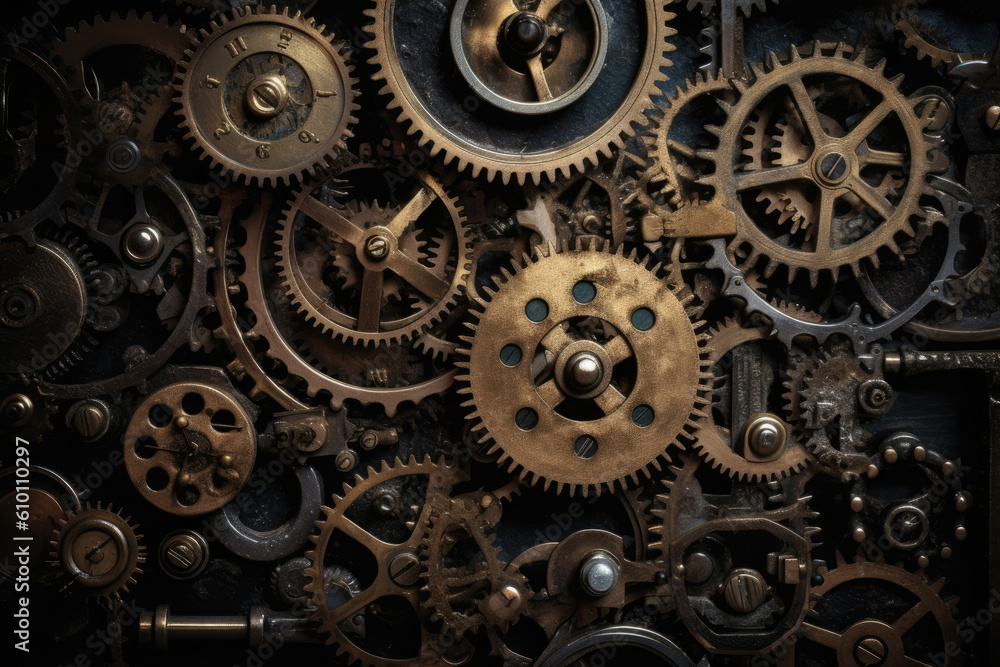 steampunk machine with an array of gears in brass and silver, set against a dark, grungy backdrop, generative ai steampunk machine with an array of gears in brass and silver, set against a dark, grungy backdrop, generative ai