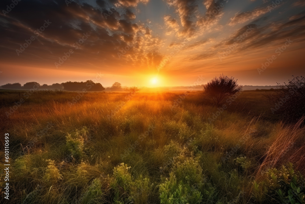 Sunburst patterns in a breathtaking sunrise over a vast and peaceful countryside landscape, generative ai