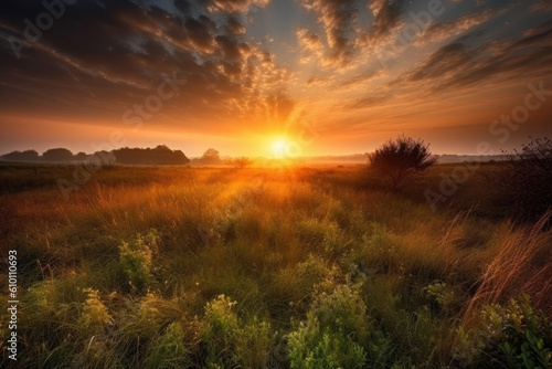 Sunburst patterns in a breathtaking sunrise over a vast and peaceful countryside landscape  generative ai