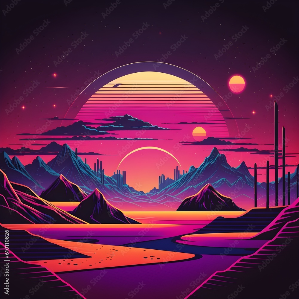synthwave landscape with mountains and sea