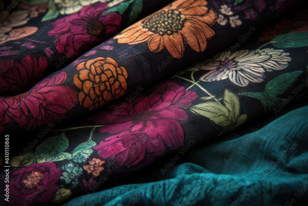 Textured Linen Fabric in Deep Jewel Tones with Bold Floral Prints, generative ai