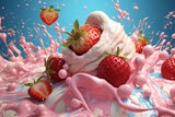 Ice cream with strawberries and berries fantasy on blue background, Generative AI