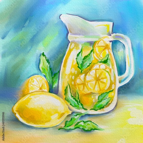 jug of lemonade with lemon