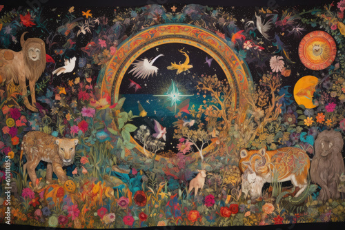 Tapestry of Wonders intricate and colorful tapestry featuring various exotic animals, blooming flowers, and celestial bodies, all woven together in a mesmerizing pattern, generative ai