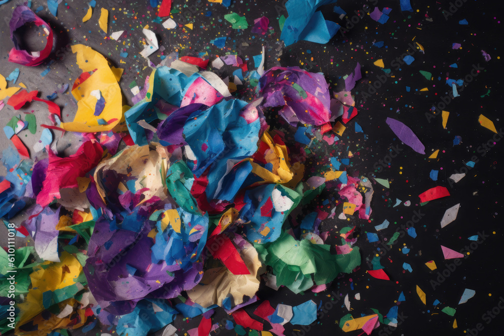 Torn paper edges with colorful confetti bursting through, generative ai