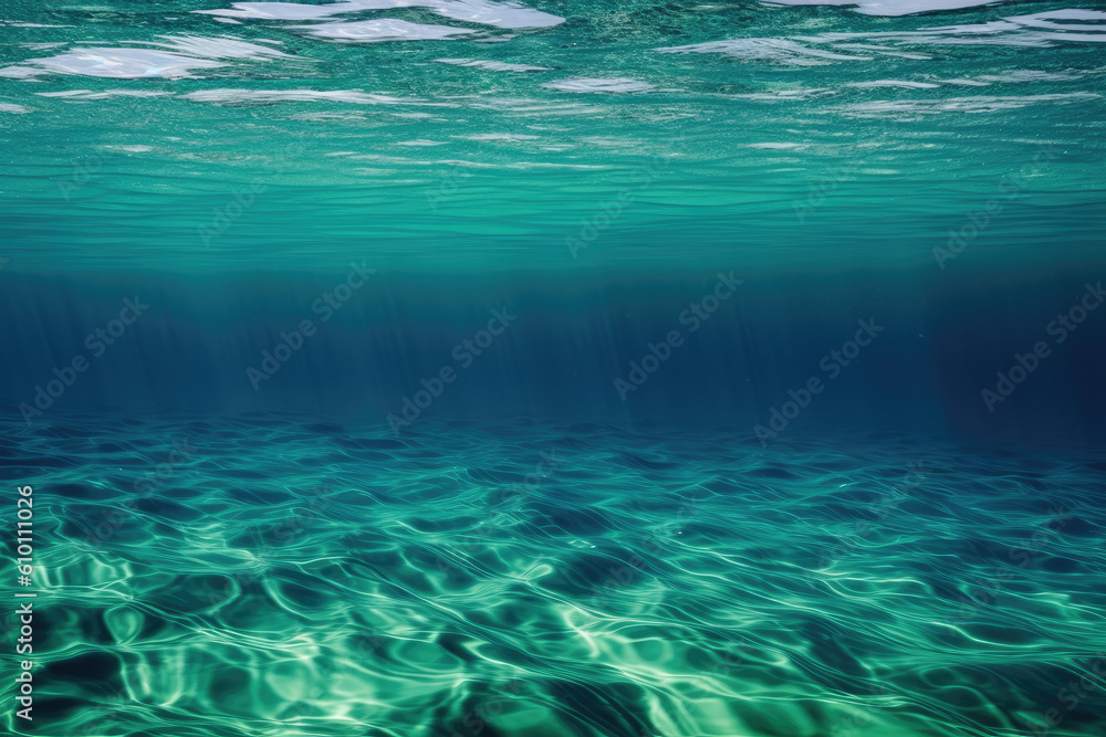 tranquil background of serene rippled surfaces in shades of blue, green, and aqua, resembling the calm waters of a tropical ocean, generative ai