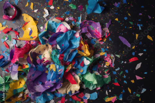 Torn paper edges with colorful confetti bursting through, generative ai