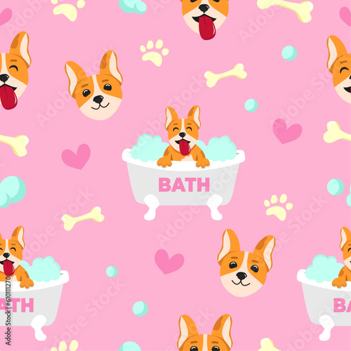 Cute seamless pattern with joyful kawaii dog in bathtub in flat style. Vector illustration of pet grooming. Cartoon dog taking a bath full of soapy suds with hearts, pink background. Dog caring