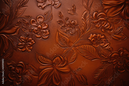 Vintage Brown Leather with Embossed Floral Pattern, generative ai