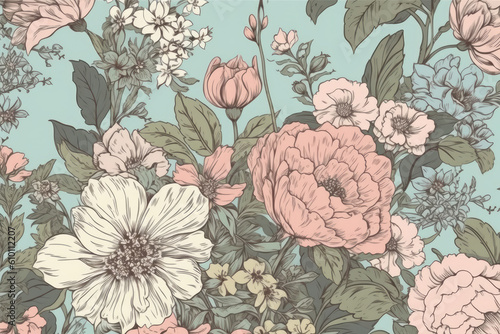 Vintage floral wallpaper with delicate pink and blue flowers on a pale green background  generative ai