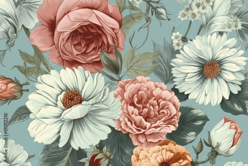 Vintage floral pattern with faded roses and daisies on a light blue background  generative ai