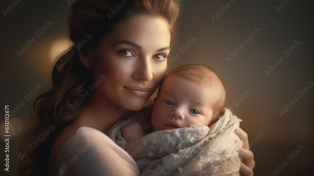 Beautiful mother holds her newborn baby created with generative AI technology Beautiful mother holds her newborn baby created with generative AI technology