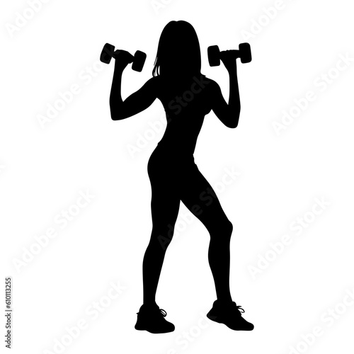 Vector illustration. Silhouette of a woman in the gym. Exercises with dumbbells.