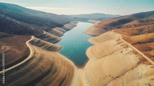 aerial view of a reservoir with very low water levels due to drought and rain shortage on a sunny day - concept of drought and climate change - generative AI