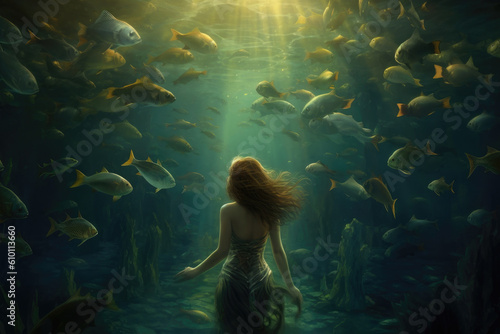 mermaid underwater in a aquarium with fish