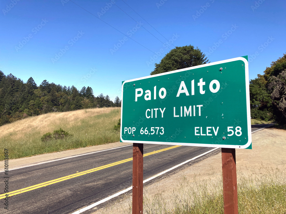 Palo Alto City Limit road sign on Skyline Boulevard