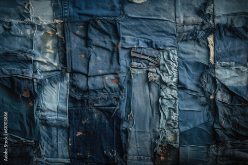 Worn and tattered denim fabric in shades of indigo, perfect for a cool and edgy wallpaper, generative ai