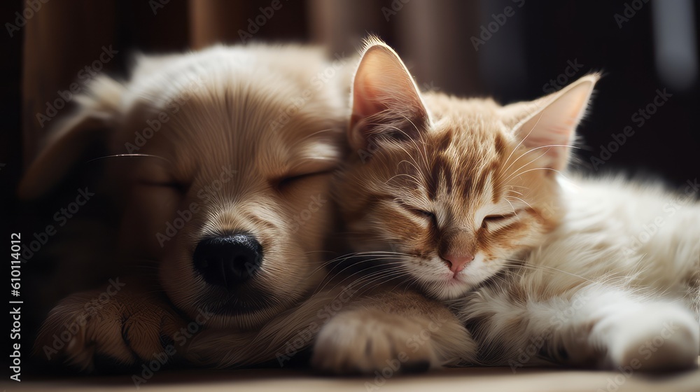 Cat and dog sleeping together. Kitten and puppy taking nap. Home pets. Animal care. Love and friendship. Created with Generative AI technology. Cat and dog sleeping together. Kitten and puppy taking nap. Home pets. Animal care. Love and friendship. Created with Generative AI technology.