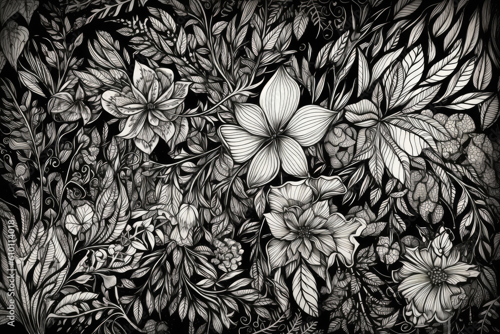 Zentangle pattern of interconnected flowers and leaves in monochrome ...