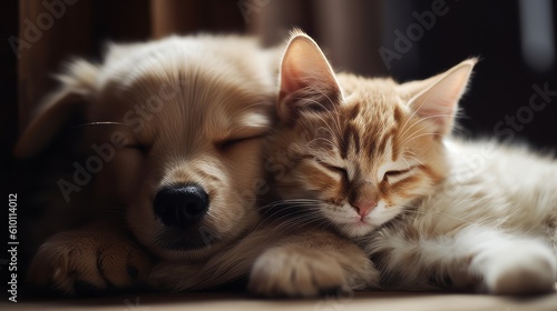 Cat and dog sleeping together. Kitten and puppy taking nap. Home pets. Animal care. Love and friendship. Created with Generative AI technology.