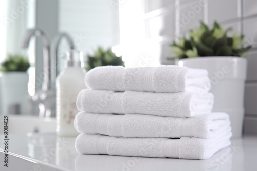 White clean towels on table in bathroom  generative ai