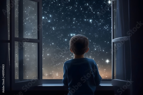 Little boy looking out window into starry night sky, Generative AI
