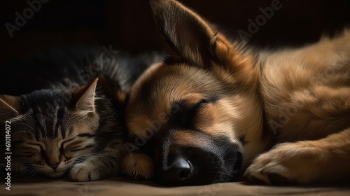 Cat and dog sleeping together. Kitten and puppy taking nap. Home pets. Animal care. Love and friendship. Created with Generative AI technology.