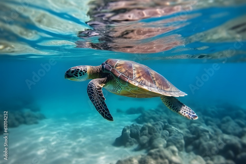 Sea turtle underwater in ocean, Generative AI