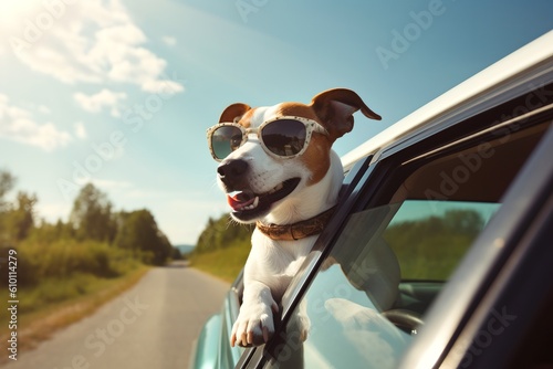 Print op canvas Cute happy dog looking out of car window, generative ai