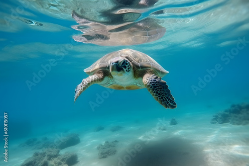 Sea turtle underwater in ocean, Generative AI © Kenishirotie