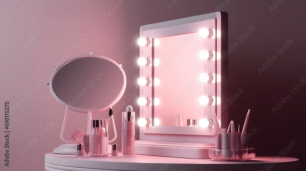 3D render close up white LED stand up makeup vanity mirror with tray on 