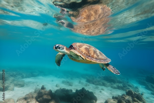 Sea turtle underwater in ocean, Generative AI © Kenishirotie
