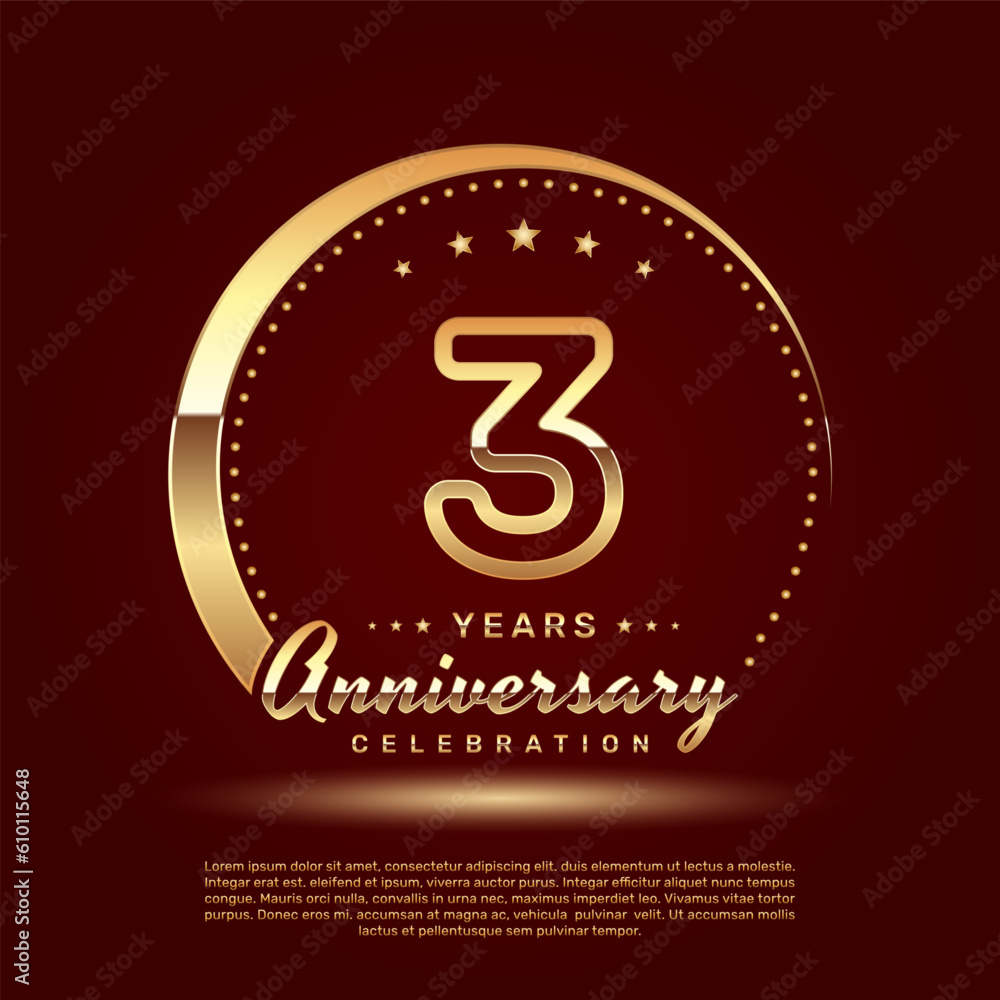 3 year anniversary celebration logo design with a number and golden ring concept, logo vector template