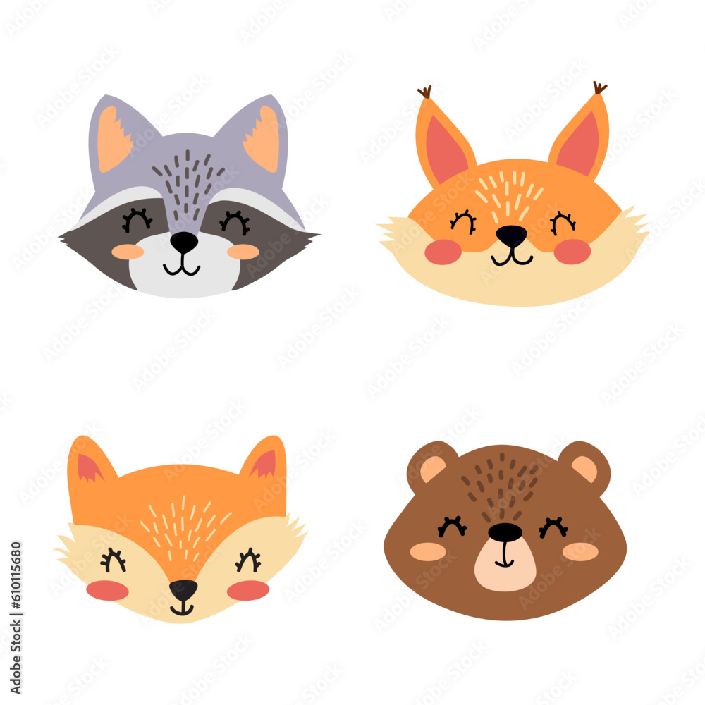 Collection of Cute Funny Animal Faces and Heads. Raccoon, squirrel, fox, raccoon. Set of different cartoon faces isolated on white background. Colorful hand drawn vector illustration.