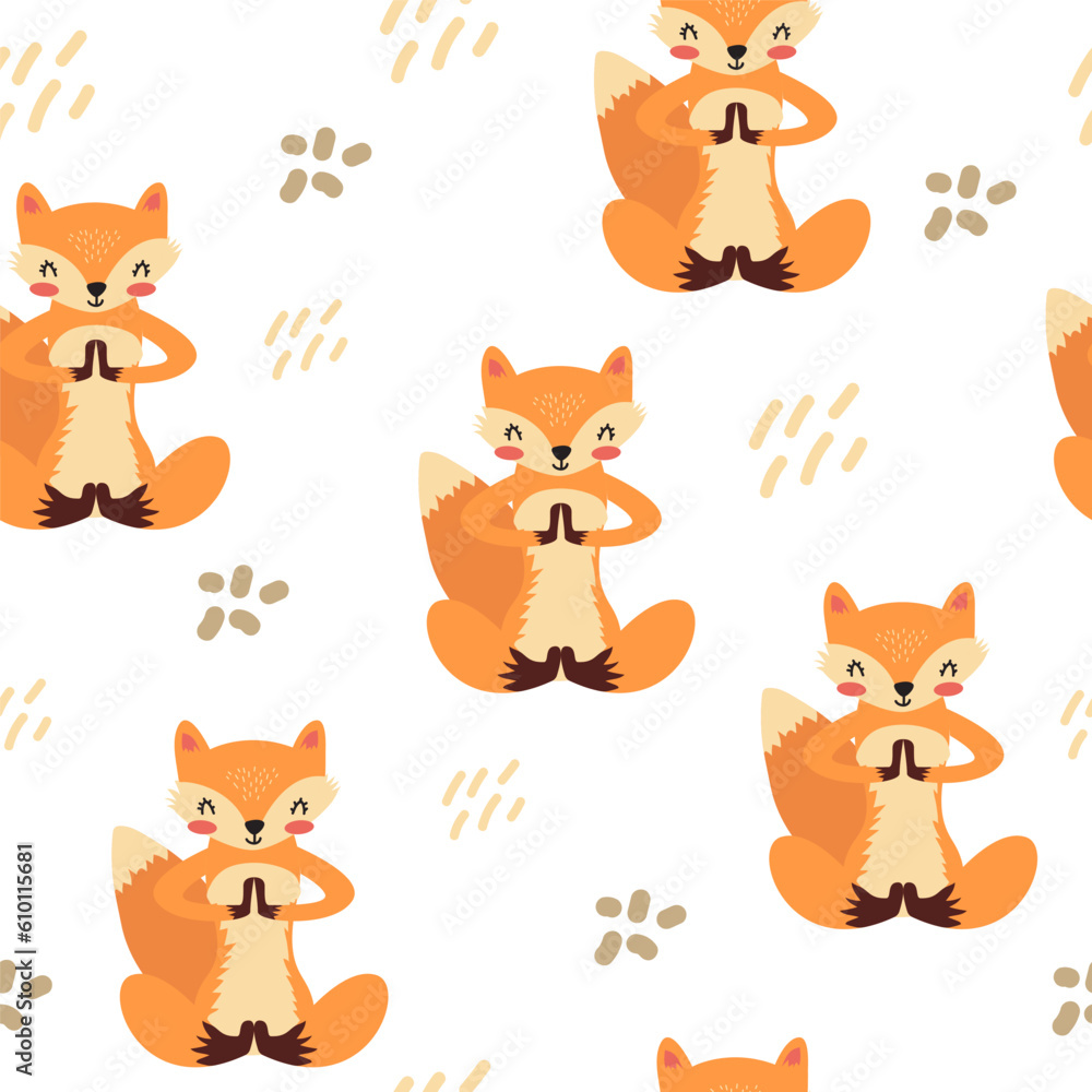 Obraz premium Seamless pattern with a cute fox. Child vector pattern with a red fox. Print for fabric, children's clothes, stationery.