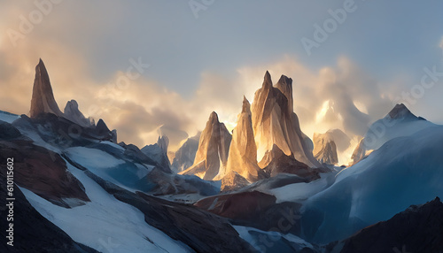 The glistening serro torre's ostrich peak. Towering icy sentinels piercing the clouds with their needle-like tips. AI-generated photo