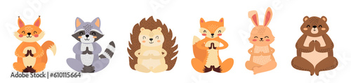 Vector set of animals doing yoga. Forest animals meditating. Collection of charming animals in lotus pose. Fox, squirrel, raccoon, hedgehog, bear. Cartoon style. White isolated background. 