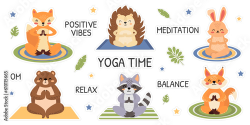 Set of stickers of forest animals engaged in yoga. Raccoon, fox, squirrel, bear, hedgehog, rabbit. Vector collection of meditating animals. Cute animals in cartoon style. Yoga time, balance.