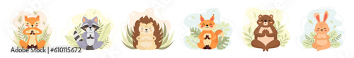 Vector set of animals doing yoga. Forest animals meditating. Collection of charming animals in lotus pose on the background of leaves.  Fox, squirrel, raccoon, hedgehog, bear. Cartoon style.