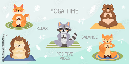 Vector set of forest animals doing yoga. Raccoon, fox, squirrel, bear, hedgehog.  Yoga time.Meditation set with animals. Cute animals in cartoon style. Animals isolated on blue background.